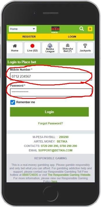 betika enter data in login form